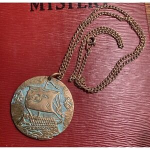 Greek Bronze Medallion Necklace 2" Ship Natural Patina 22" Chain